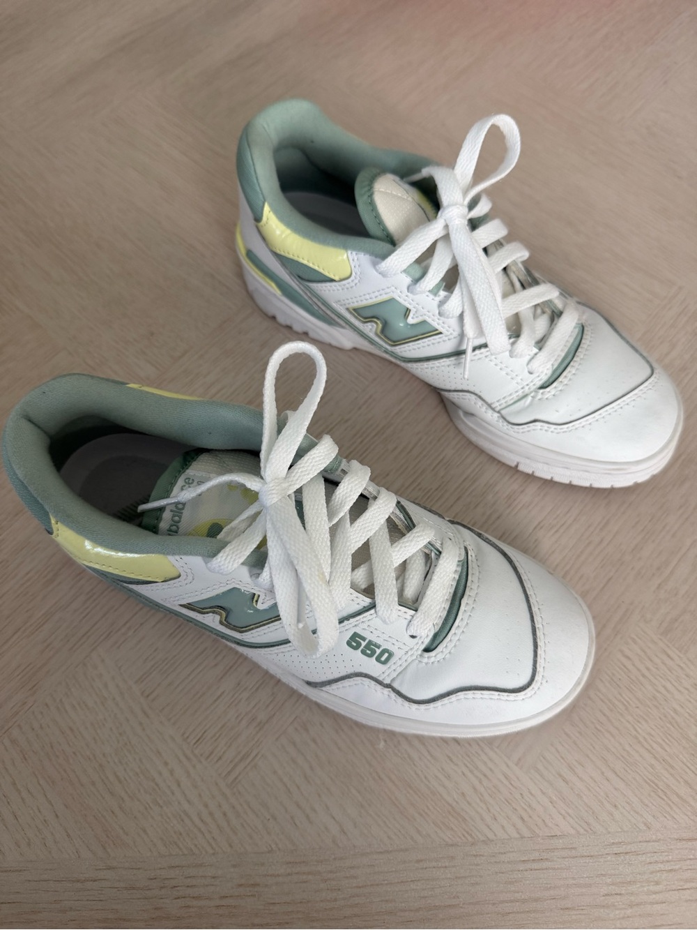 New Balance 550 White Sneakers with Mint and Pale Yellow Accents - Picture 3 of 3